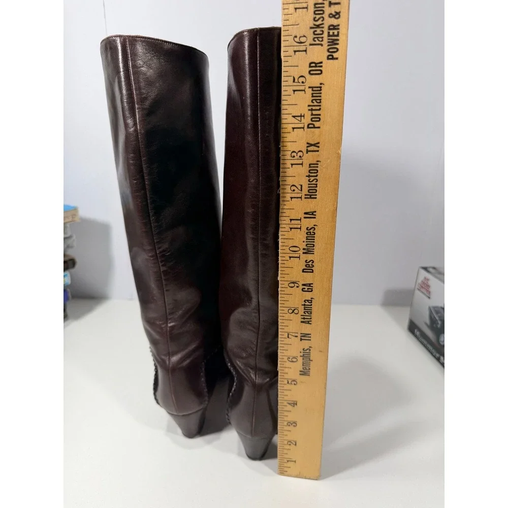 Vero Cuoio Dark Brown Leather Knee High Boots Braided Trim Italy EU 39 US 8.5